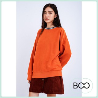 Áo nỉ không mũ nữ cotton 100% regular bo cổ kẻ đen boo
