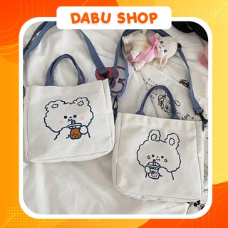 Túi vải tote gấu uống trà sữa túi canvas cực dễ thương siêu nhẹ