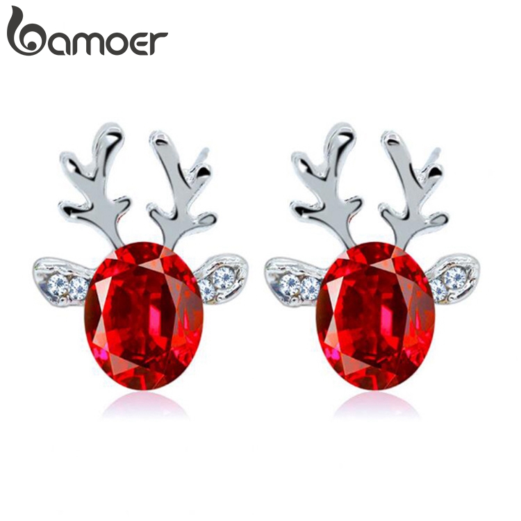 Khuyên tai BAMOER hình nụ bằng hợp kim hình nai sừng tấm đính đá dành cho dịp Giáng Sinh