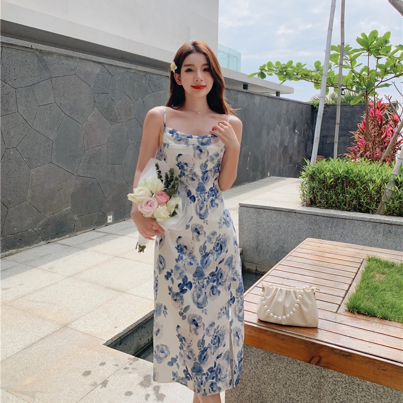 Đầm dài IELGY không tay xẻ tà in họa tiết hoa thời trang mùa hè dành cho nữ