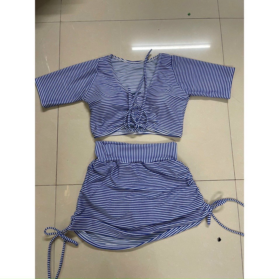Bikini Đi Biển Tay Ngắn Dây Rút Phối Sọc, Đồ Bơi 2 Mảnh Tay Ngắn Kèm Váy Rút Hông [Ảnh Chụp Thật] - OS084