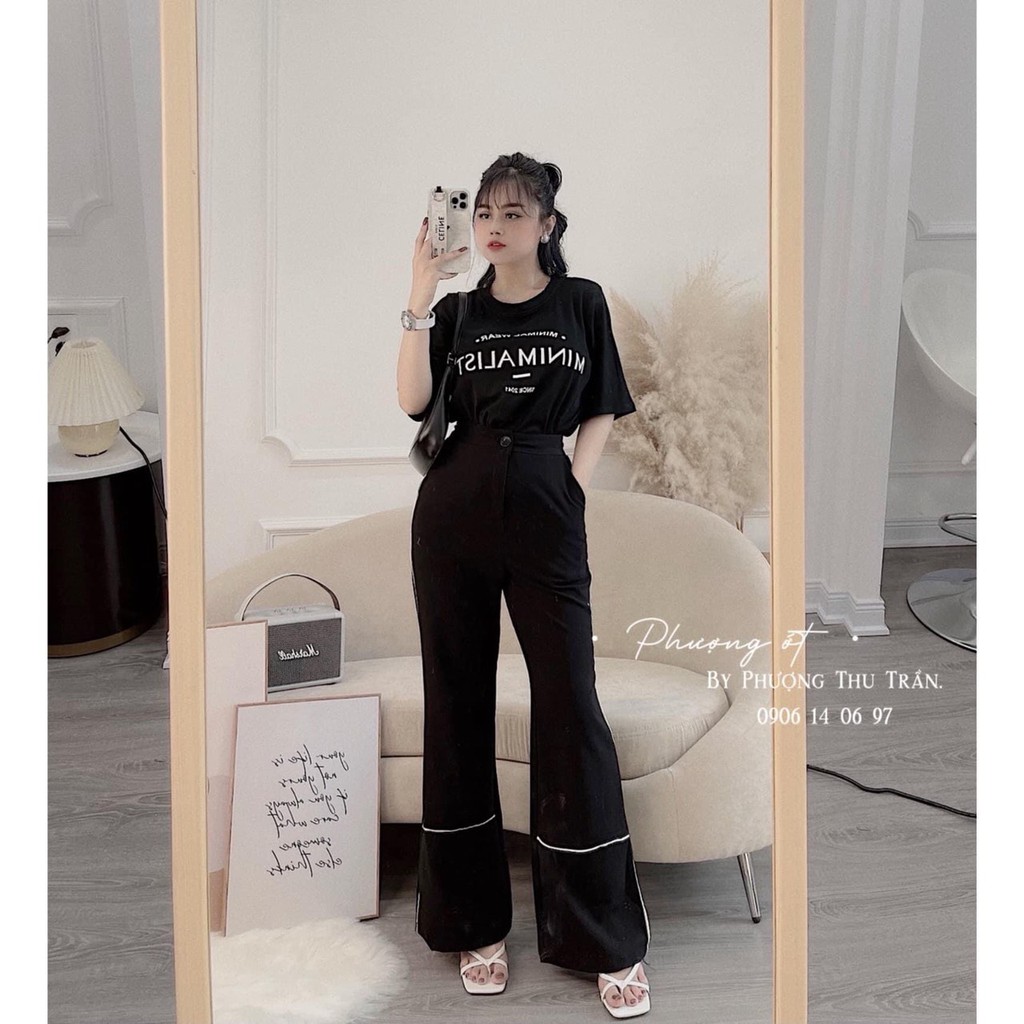 Set áo phông đen quần ống suông pha viền