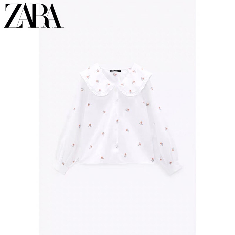 Áo sơ mi nữ Zara màu trắng thêu hoa new best seller 2021 dài tay cổ sen