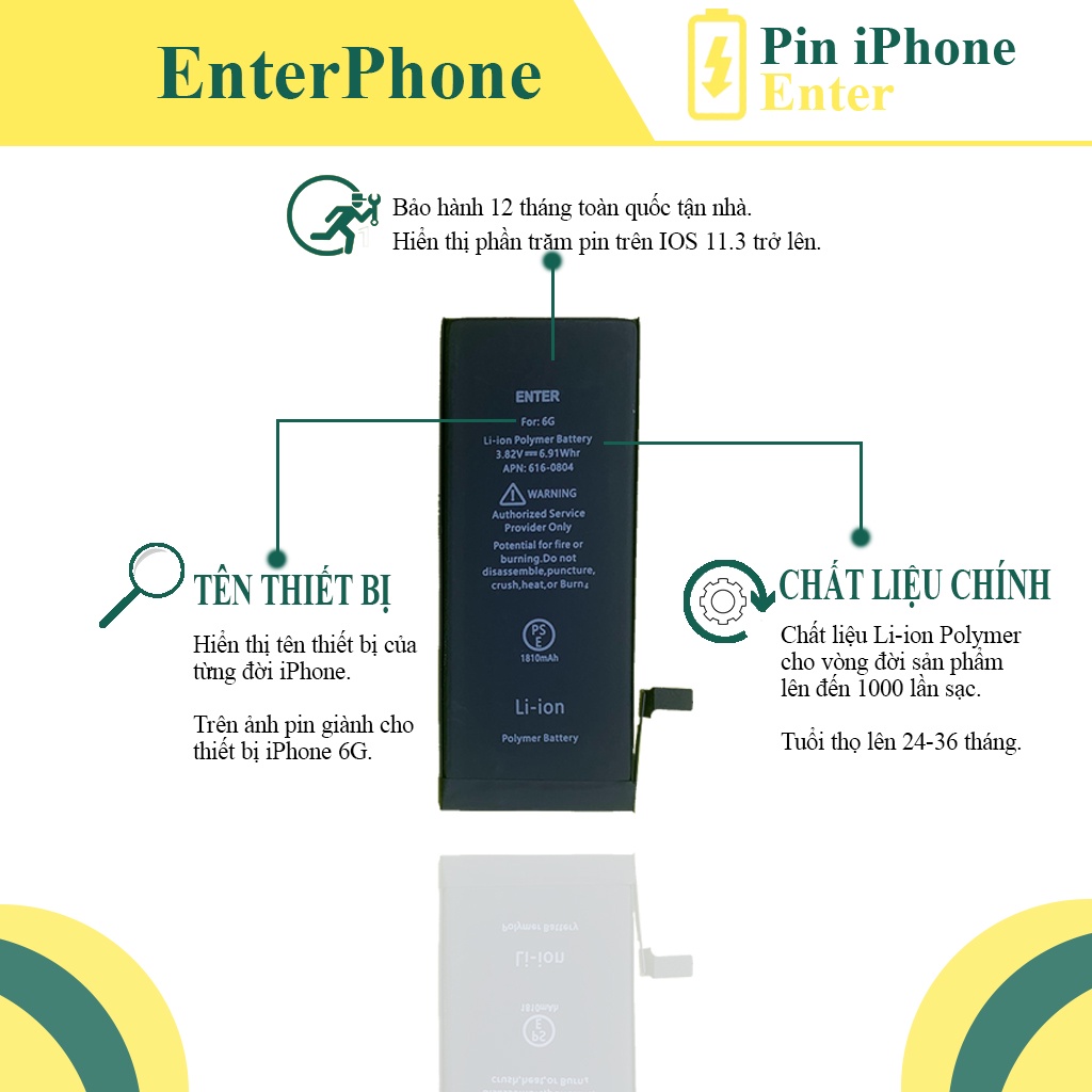 Pin ĐT Táo 6G/ 6S Enter bảo hành 12 tháng