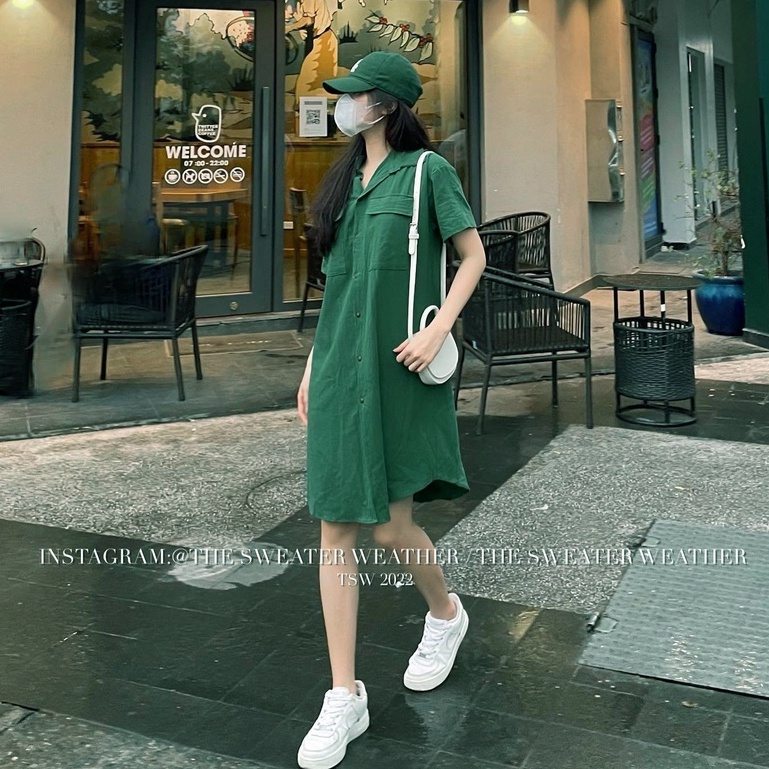 Váy sơ mi túi hộp dáng suông màu xanh - váy suông nữ form rộng khuy trước kiểu sơ mi màu xanh trendy SIÊU HOT