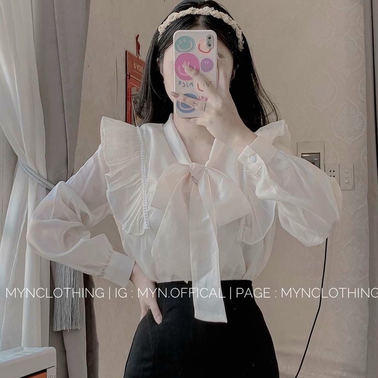 Áo sơ mi nữ NHẬT LINH áo sơ mi dài tay phối cúc ngọc nơ to chất voan 2 lớp phối ren - A583