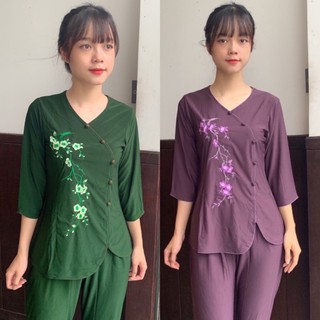 Đồ Lam Đi Chùa # Thun Tim Thêu Hoa Đào