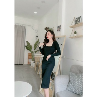 Váy len body cổ vuông