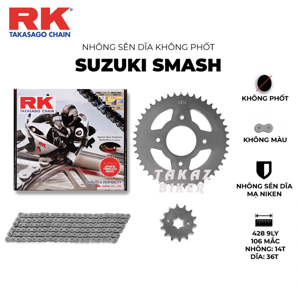 Nhông sên dĩa RK xe Suzuki Smash thương hiệu JAPAN Hàng made in malaysia