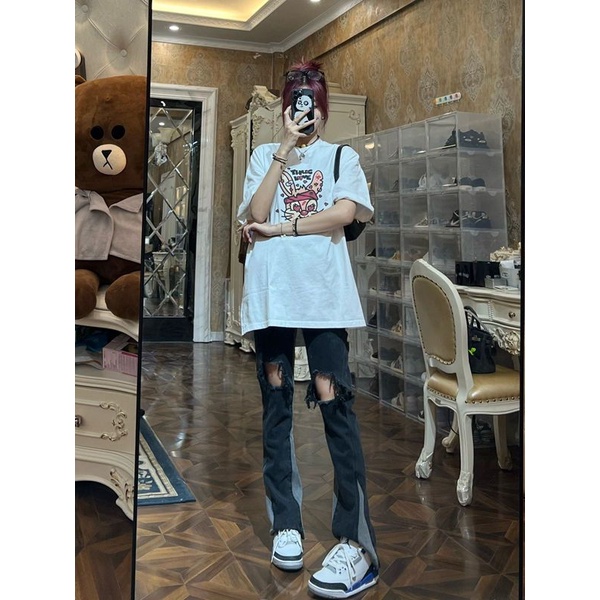 Quần Jean Dài Lưng Cao Ống Loe Rách Gối Phong Cách Hip Hop Đường Phố Mỹ Thời Trang Mùa Hè Cho Nữ