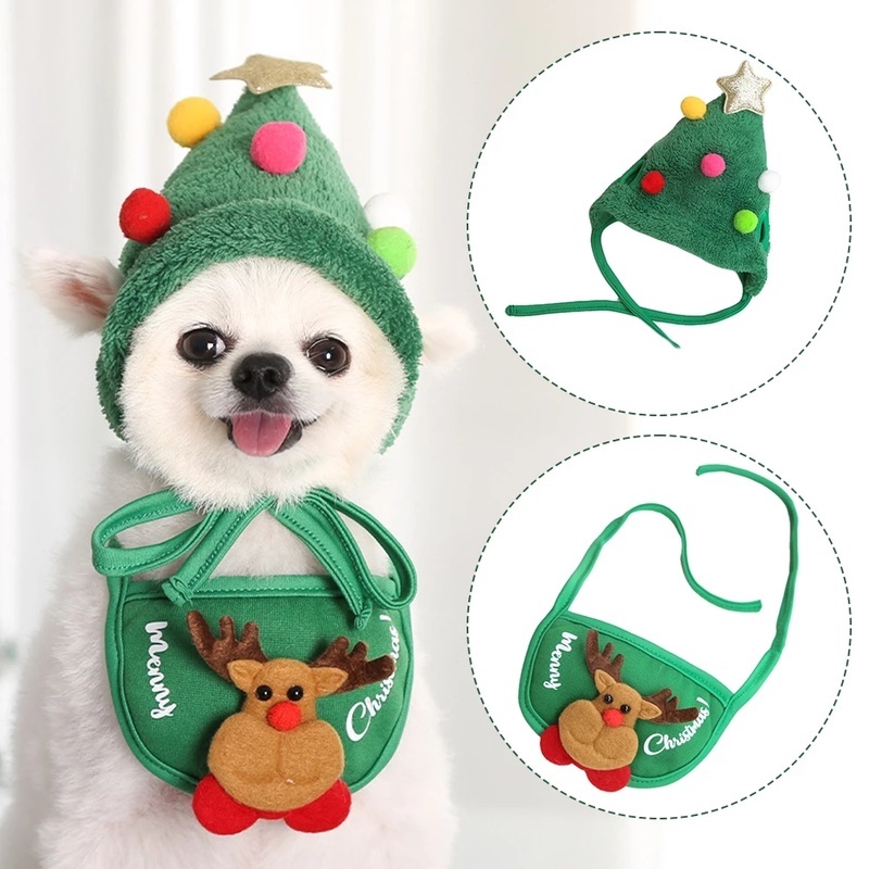 Khăn yếm thấm nước bọt/mũ đội phong cách sừng nai/ông già Noel hoạt hình cho thú cưng dịp Giáng sinh