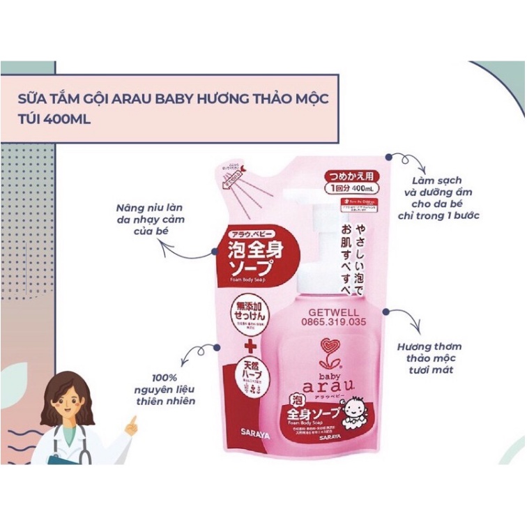 Sữa tắm gội cho bé Arau Baby Nhật Bản dạng túi 400ml , chai 450ml