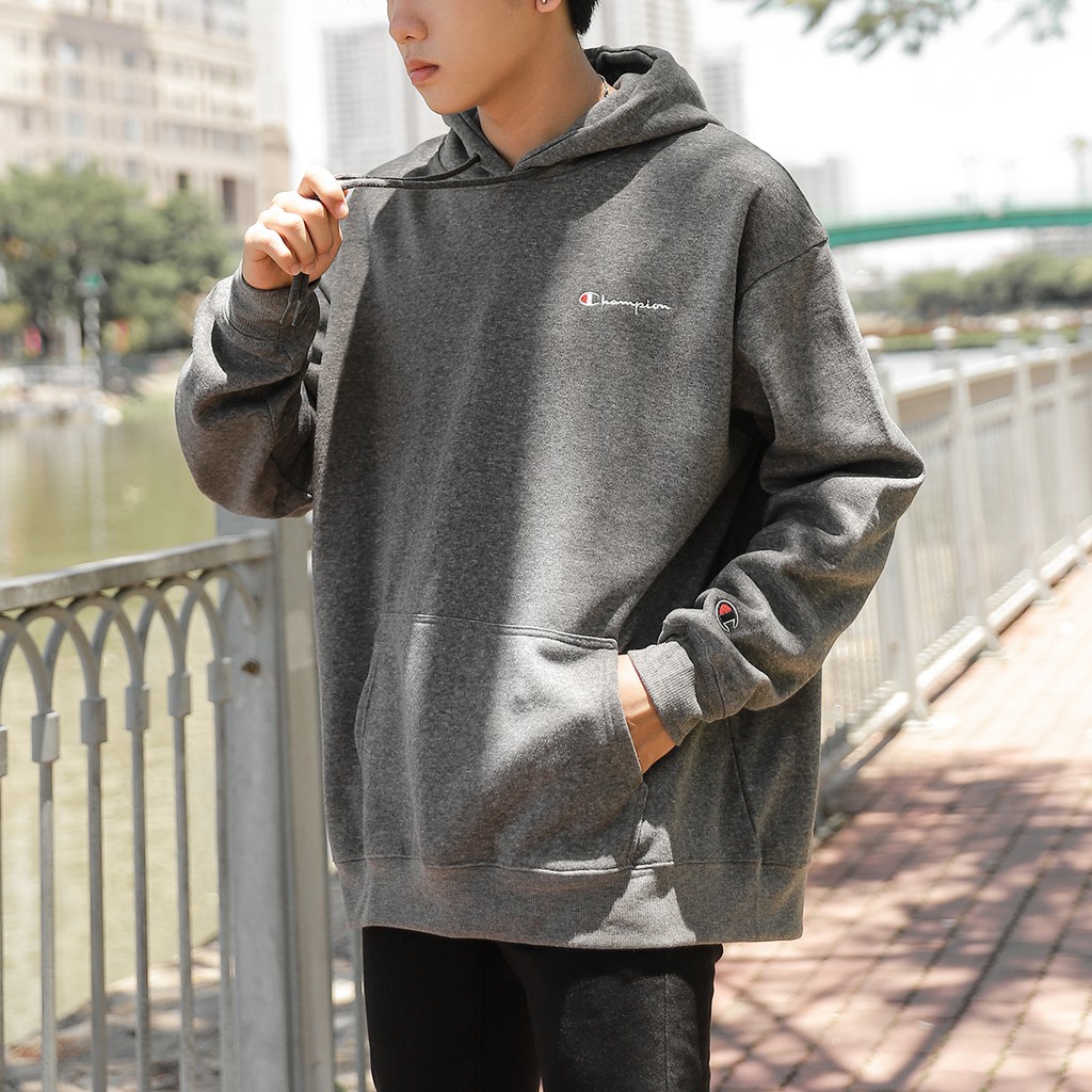 Áo Hoodie Thêu Logo Champion Sắc Nét Phía Trước-Chất Vải Nỉ Bông Cotton-Form Rộng Rãi Unisex Nam Nữ-Màu Xám Đậm