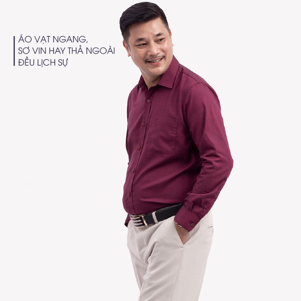 Combo Áo Sơ Mi Nam Đỏ Đô Và Quần Âu Vải Tăm Màu Kem Trung Niên ANCHI Cao Cấp