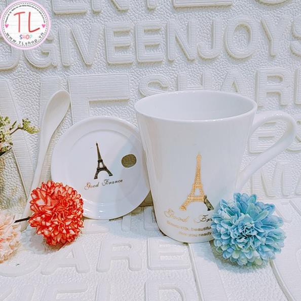 Ly sứ trắng có nắp đậy và muỗng in hình nhiều kì quan - Good France - America - Italy - London - Cốc sứ - Ly sứ