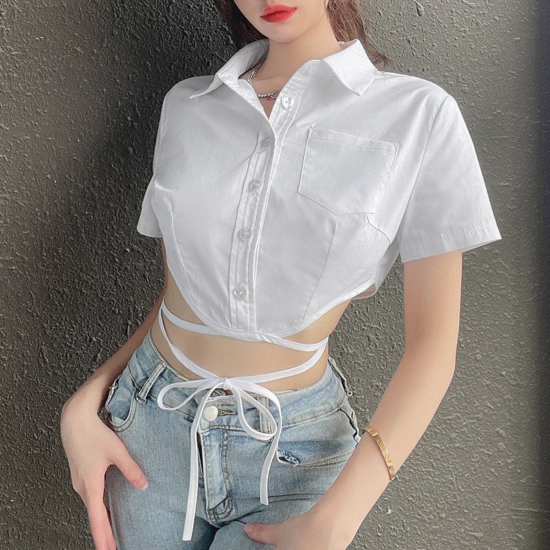 Áo sơ mi croptop nữ tay ngắn JUNEST dây buộc eo cổ đức cài khuy So Cute SMBE01 | BigBuy360 - bigbuy360.vn