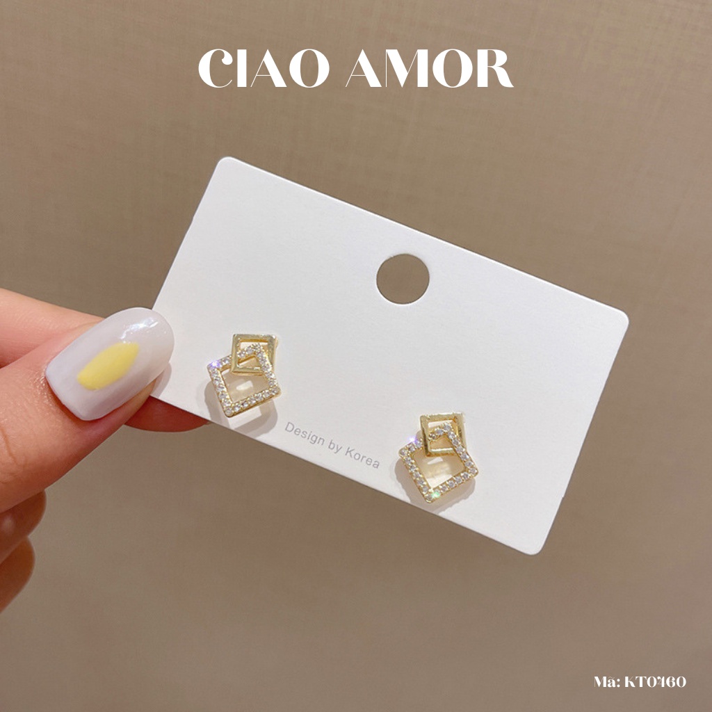 KT0460-Khuyên tai nữ, Bông tai nữ nụ bạc 925 vuông nhỏ xếp đính ngọc Trang sức Ciao Amor