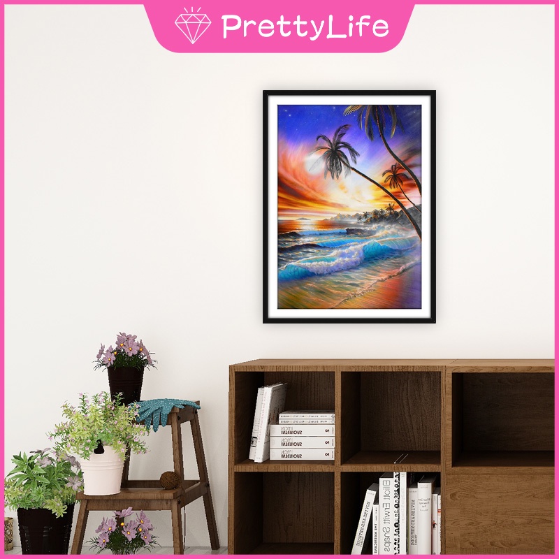 Bộ tranh đính đá 5D họa tiết hoàng hôn trên bãi biển độc đáo kích thước 30x40cm diy dùng trang trí