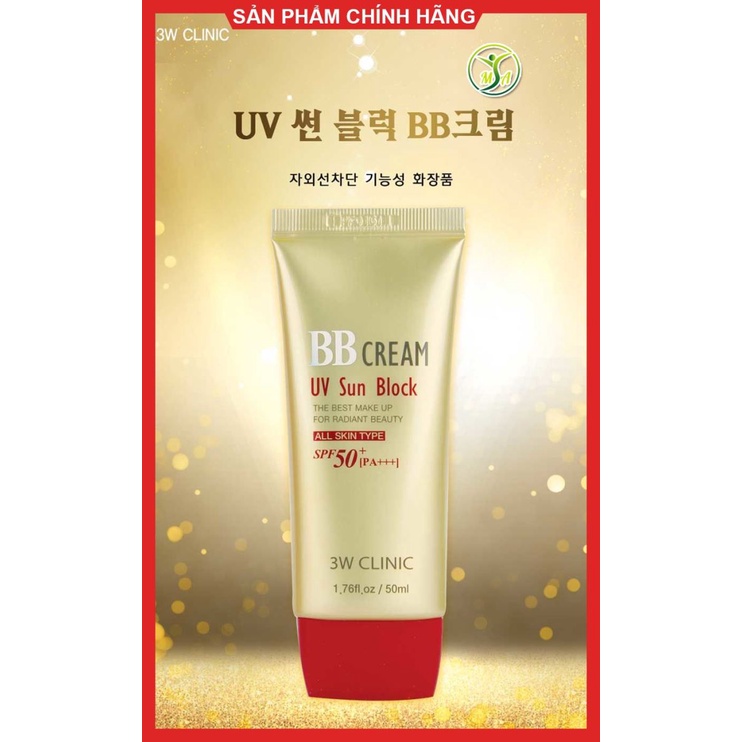 Combo 2 Hộp Kem Nền Trang Điểm Lên Tông, Kiềm Dầu Lâu Trôi BB Cream UV Sun Block 3W Clinic Hàn Quốc 50ml * VỎ ĐỎ*