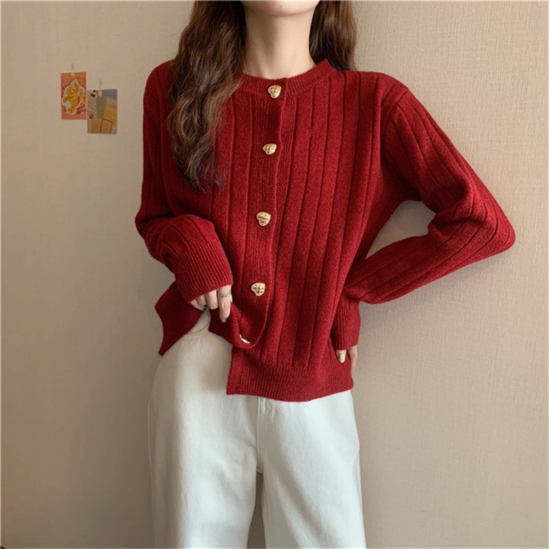 Áo len nữ hè thu 2021 gân dọc trắng đỏ chất lông cừu siêu mềm ATADO24