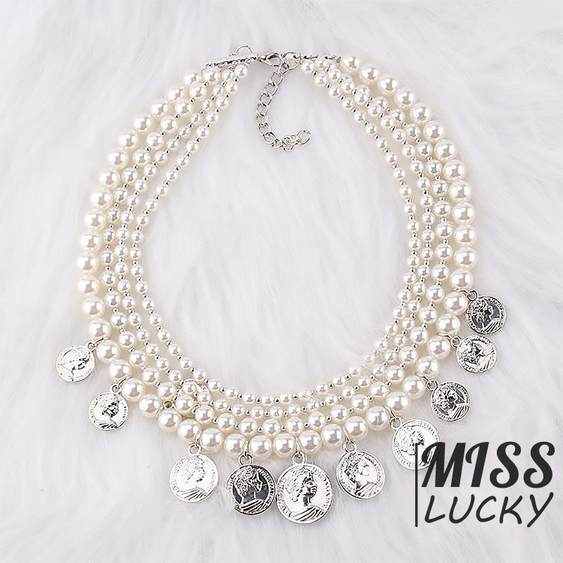 Vòng cổ chuỗi hạt ngọc trai nhân tạo nhiều lớp phối mặt kim loại phong cách cá tính cho nữ