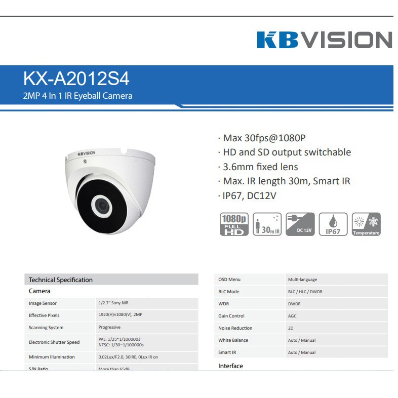 Camera KBVISION KX-A2012S4 full HD 1080P dạng thân hồng ngoại 20m