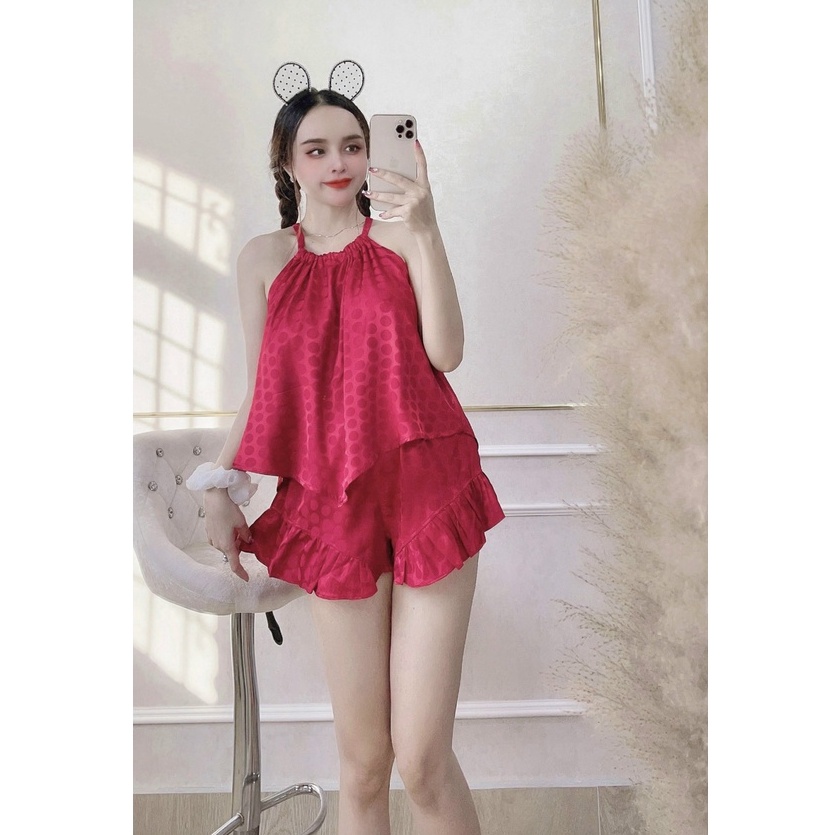 ( Freeship 50k ) Bộ Mặc Nhà Nhistore Bộ Kiểu Quần Short Áo Dây Cổ Yếm Vải Gấm Satin Siêu Dễ Thương Freesize Dưới 57kg