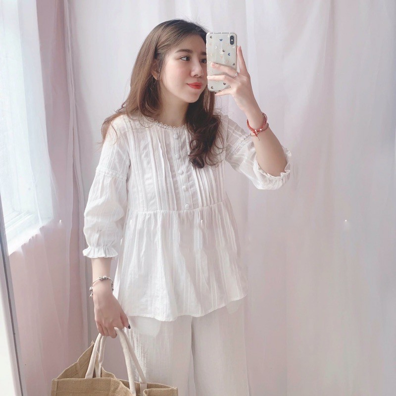 S582 Set Đũi Trắng Phối Áo Babydoll Cúc Bọc Sang Chảnh Kèm Quần Ống Rộng Mặc Cực Kì Thoải Mái , Chất Siêu Mát