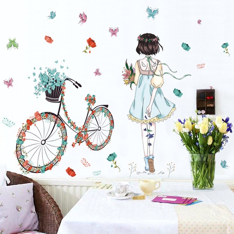 Decal dán tường cô gái và xe đạp mới 01
