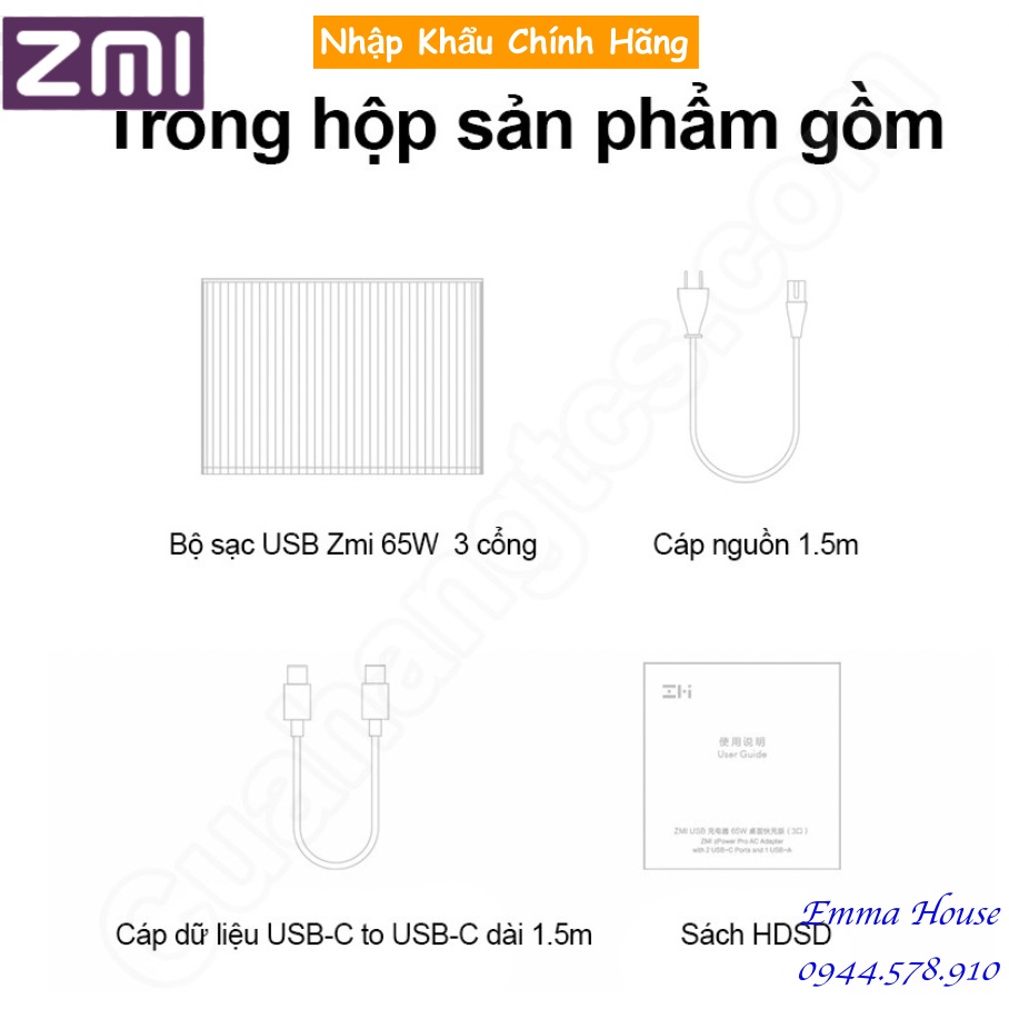 [Hàng Chính Hãng] Bộ sạc, Củ sạc máy tính xách tay, Laptop, Macbook PD 3 USB ZMI HA932 65W, Bảo hành 03 tháng