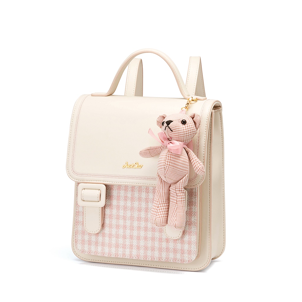Ba lô nữ đẹp Just Star dễ thương đi làm đi chơi du lịch charm gấu hồng trắng ViAnh Store 172899