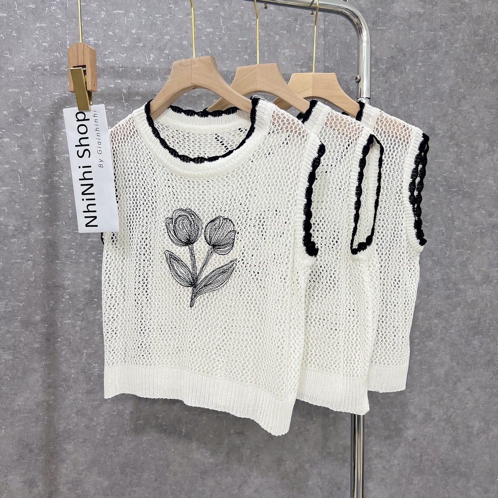 Áo len lưới mỏng sát nách hoa ngực, Áo kiểu ba lỗ mỏng mát AL6803 - NhiNhi Shop