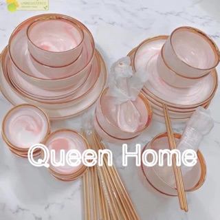 Bộ bát đĩa vân hồng cẩm thạch cao cấp