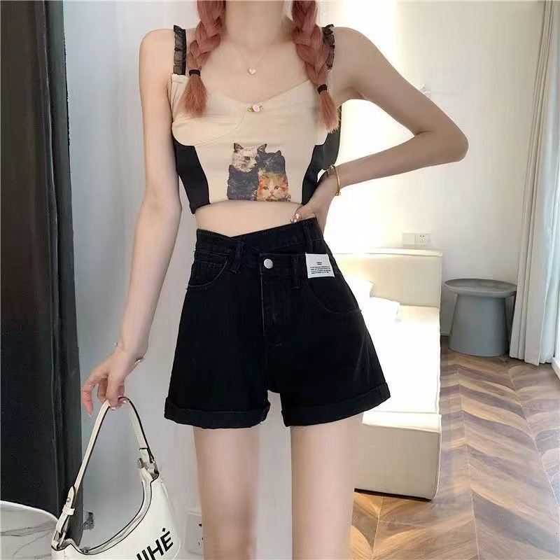 Quần short denim IELGY lưng cao ống rộng phong cách retro thời trang cho nữ