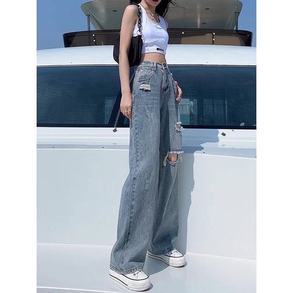 Quần jean ống rộng rách phá siêu đẹp