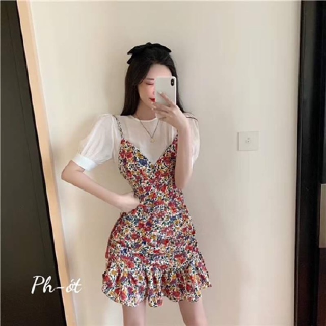 Váy Hoa Nhí 2 Dây Kèm Áo Voan tay Bồng cực đẹp ❤️freeship ❤️ảnh thật clip