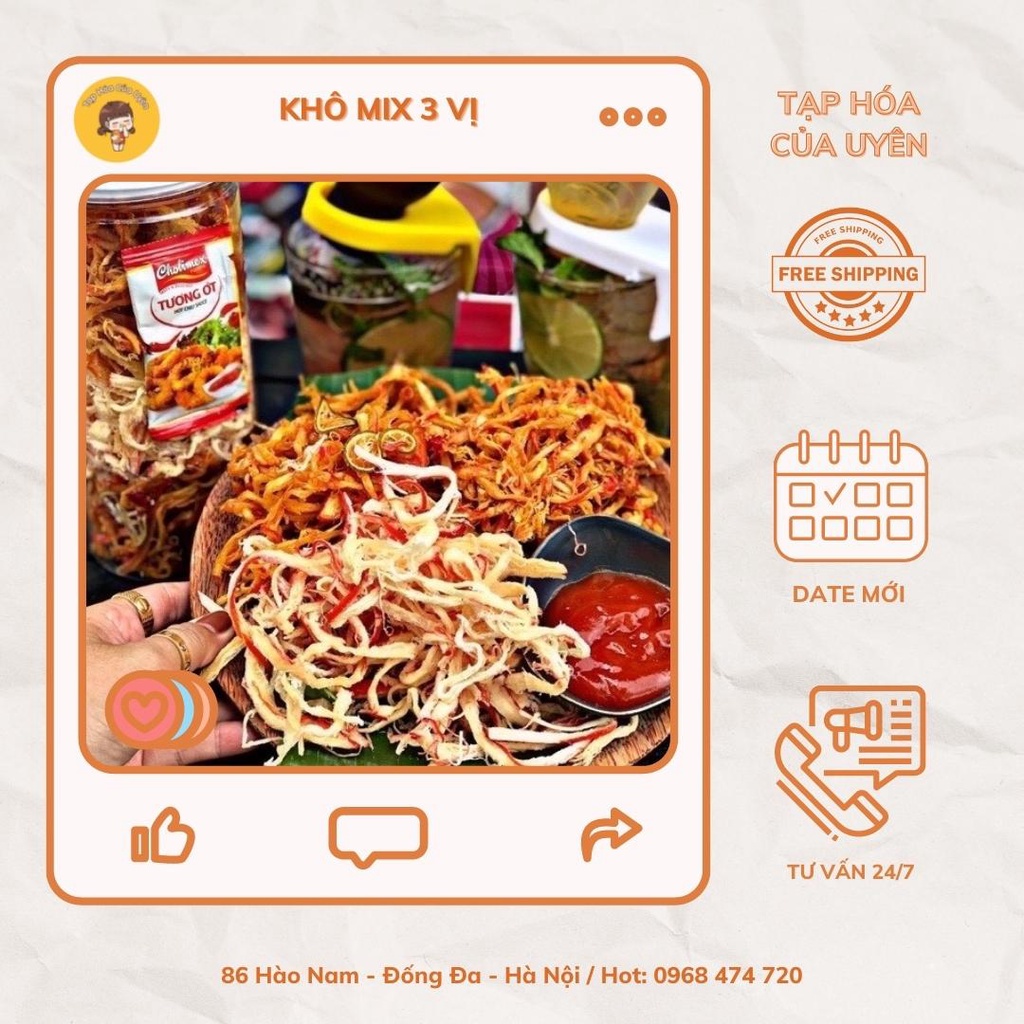 Khô Mix 3 vị (Mực xé - Mực dừa- Mực Tomyum) hũ 300gr - Đồ Ăn Vặt Của Uyên Siêu Ngon.