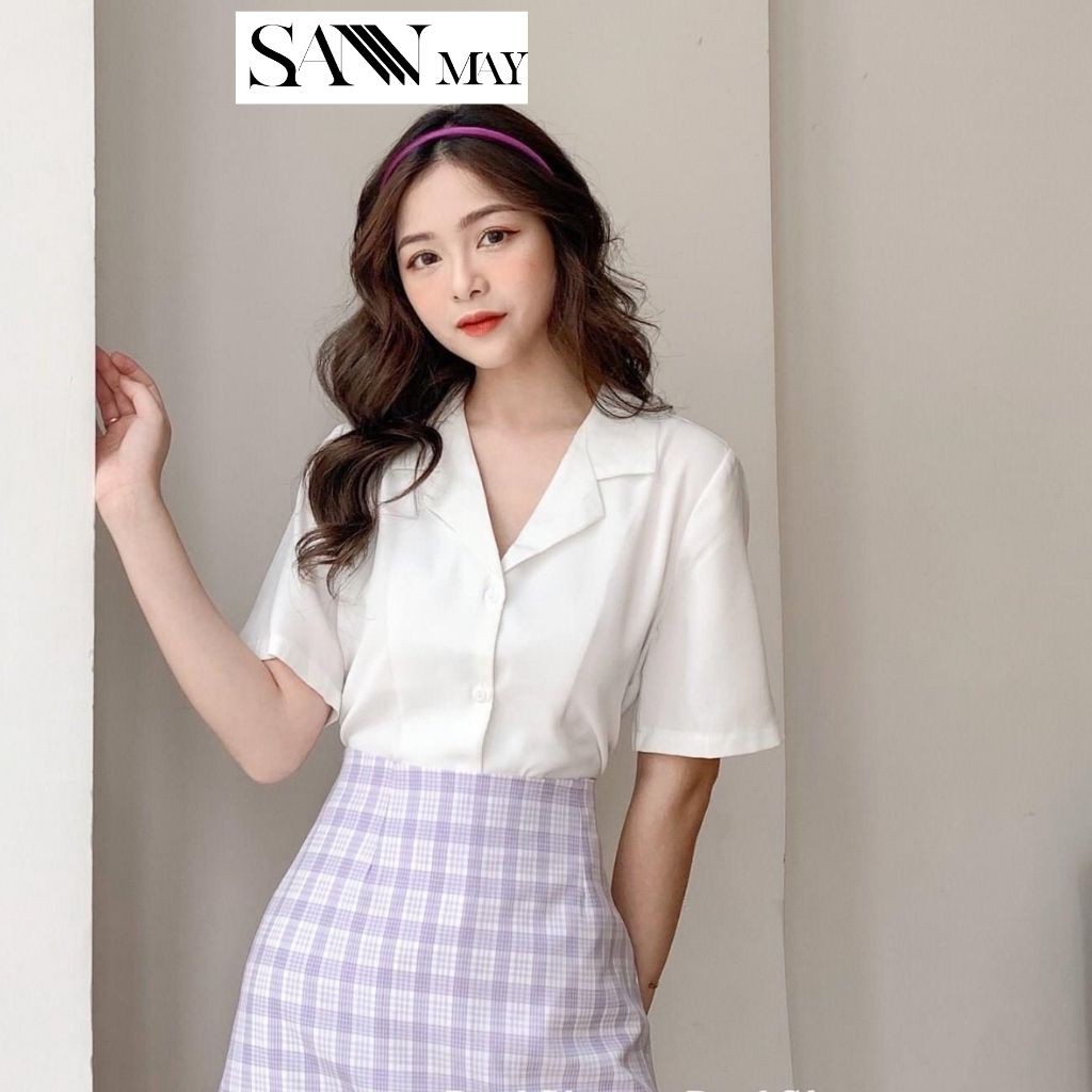 Áo sơ mi nữ Hàn Quốc form rộng SANJOLI Áo Sơ Mi công sở tay lỡ cộc tay kiểu đẹp, trắng đen nhiều màu cao cấp AO005 | BigBuy360 - bigbuy360.vn