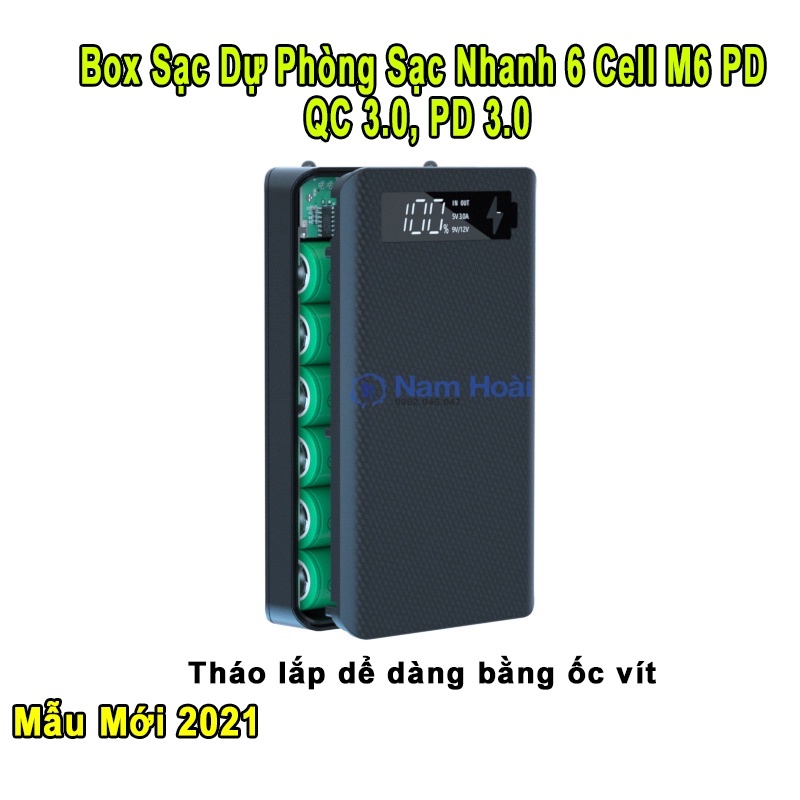Box sạc dự phòng 6 cell sạc nhanh QC 3.0 PD 3.0 M6 PD dể dàng tháo lắp bằng Ốc Vít