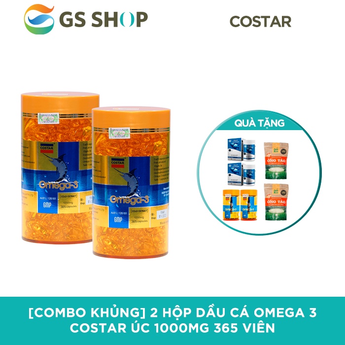2 Hộp Dầu cá Omega 3 Costar Úc 1000mg 365 viên TẶNG: 2 Hộp Sụn cá mập COSTAR 120 v, 2 Hộp Dầu cá, 2kg gạo