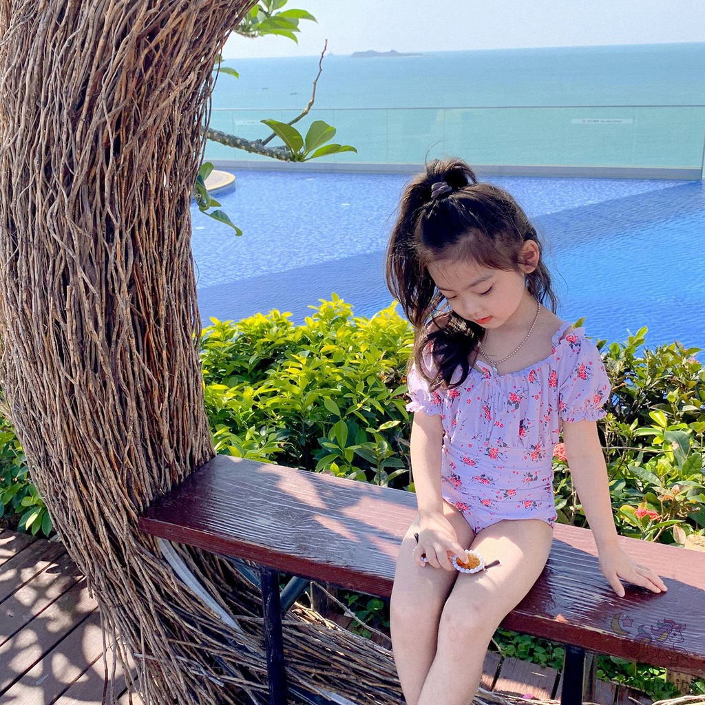 Đồ Bơi Một Mảnh In Hoa Phong Cách Hàn Quốc Kèm Mũ Bơi Cho Bé Gái