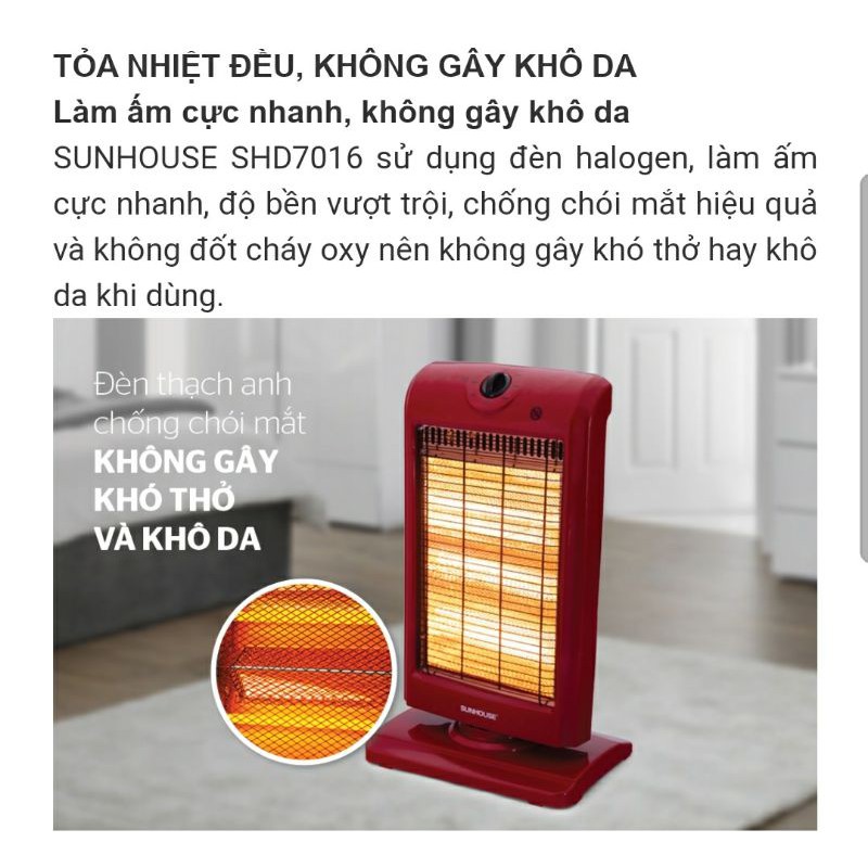 Quạt Sưởi, Máy Sưởi 3 Bóng Sunhouse Halogen SHD 7016 Hàng Chính Hãng BH 12 Tháng Toàn Quốc