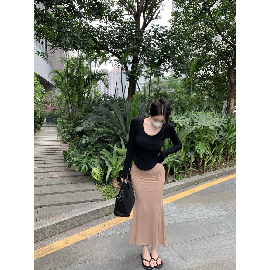 Cocory vn Áo Thun Dài Tay Cổ Chữ U Màu Trơn Thời Trang Mùa Hè Quyến Rũ