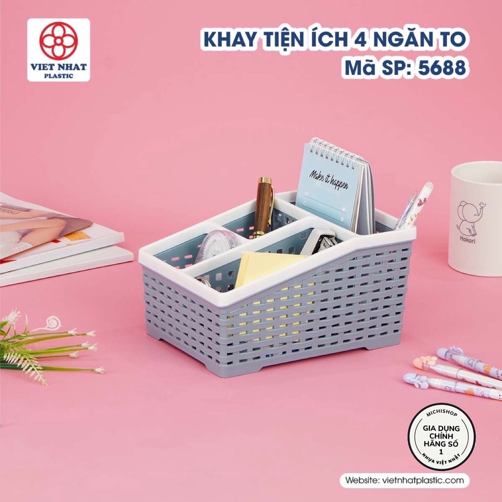 Khay Nhựa Tiện Ích 4 Ngăn Cỡ To Đựng Mỹ Phẩm, Cắm Bút, Để Đồ Văn Phòng Đa Năng Nhựa Việt Nhật Mẫu Mới