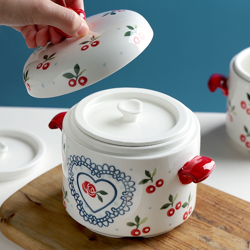 THỐ CHƯNG YẾN, THỐ SỨ HAI NẮP CAO CẤP HỌA TIẾT CHERRY SIÊU ĐÁNG YÊU