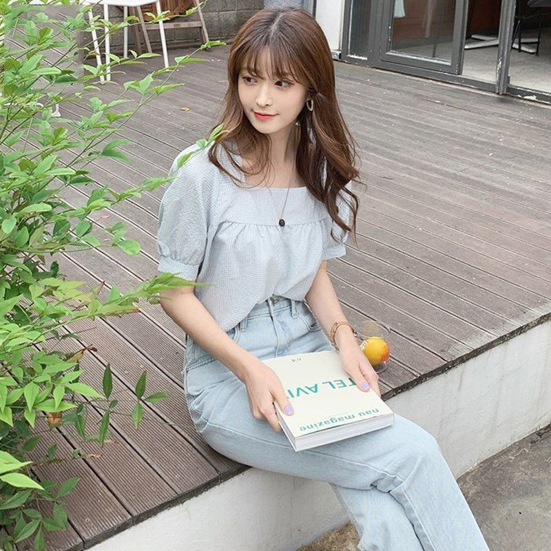 Áo sơ mi cổ vuông ngắn tay kẻ ca rô phong cách Nhật Bản Hàn Quốc ngọt ngào trẻ trung cho nữ | BigBuy360 - bigbuy360.vn