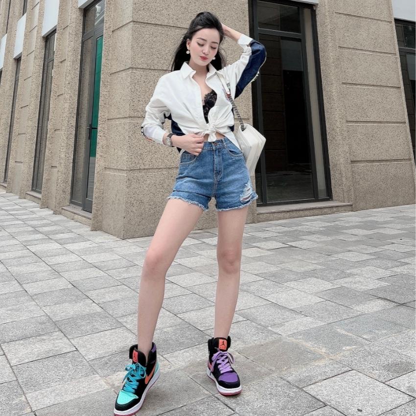 Quần short jean nữ Jeanny Jeans cạp cao không co giãn, Quần sooc bò nữ rách dày dặn cá tính 98