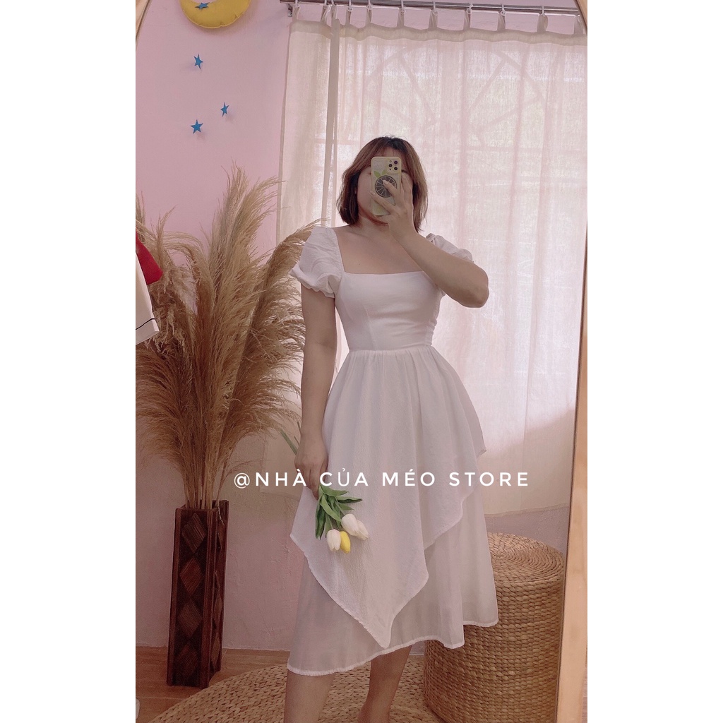 Đầm công chúa trắng dáng xoè xếp tầng lệch phối lưới