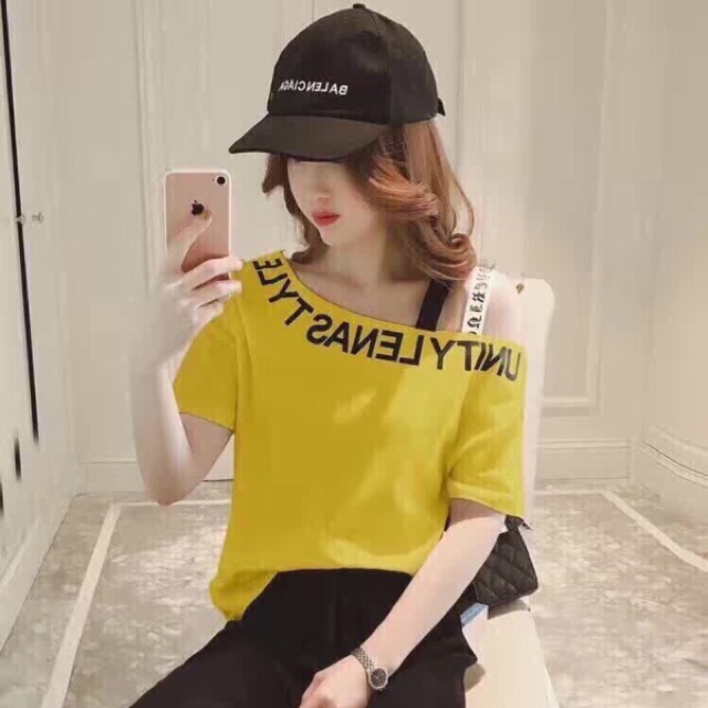 Áo Lệch Vai hai dây chữ( kèm hình thật)