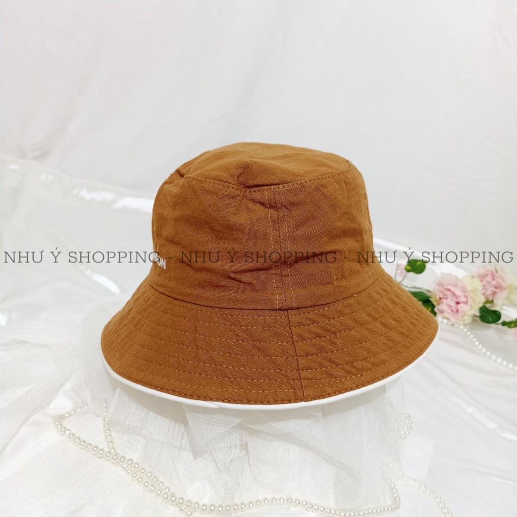 Nón vải/mũ vải bucket unisex thêu chữ chất đẹp màu nâu viền trắng sành điệu,nam nữ đội đẹp